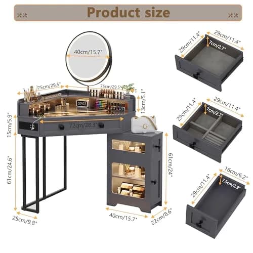 FREDEES Glass Top Makeup Vanity with Mirror and Lights | Modern Corner Design, 27.6"x 27.6"x 55.9" thumbnail 2