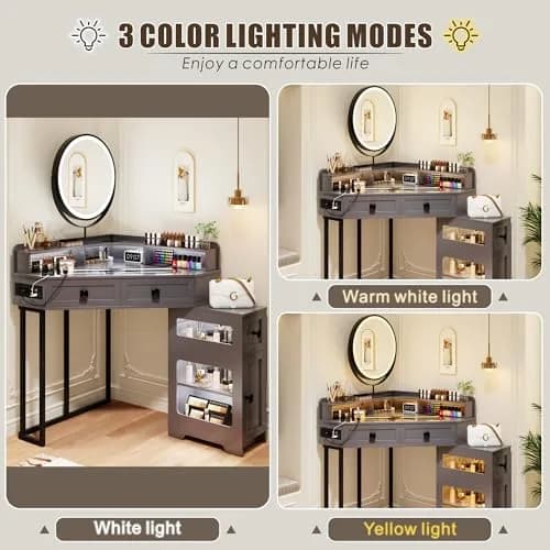 FREDEES Glass Top Makeup Vanity with Mirror and Lights | Modern Corner Design, 27.6"x 27.6"x 55.9" thumbnail 3