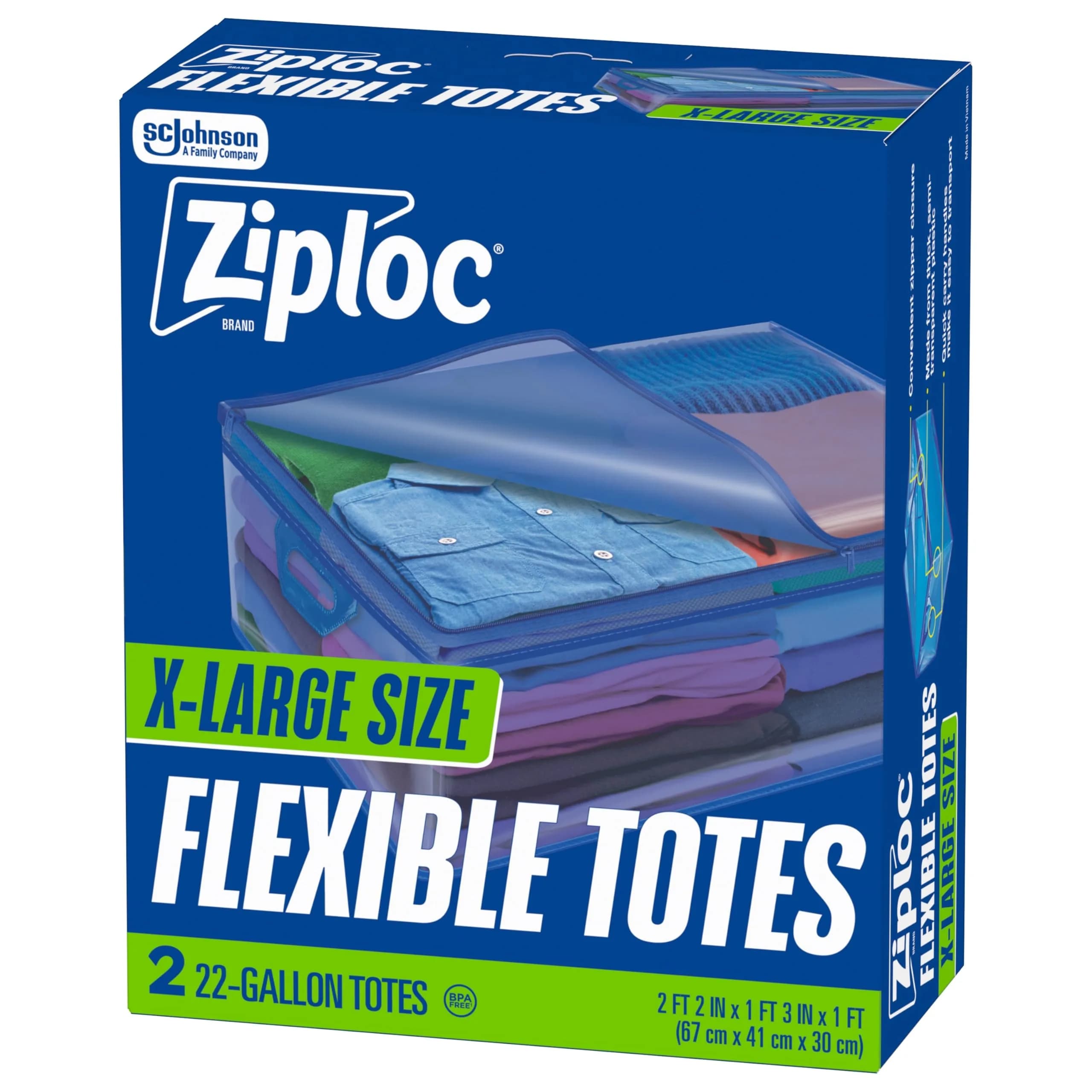 Ziploc Flexible Totes 22 Gallon | Extra Large Reusable Storage Bags with Zipper & Handles — clear