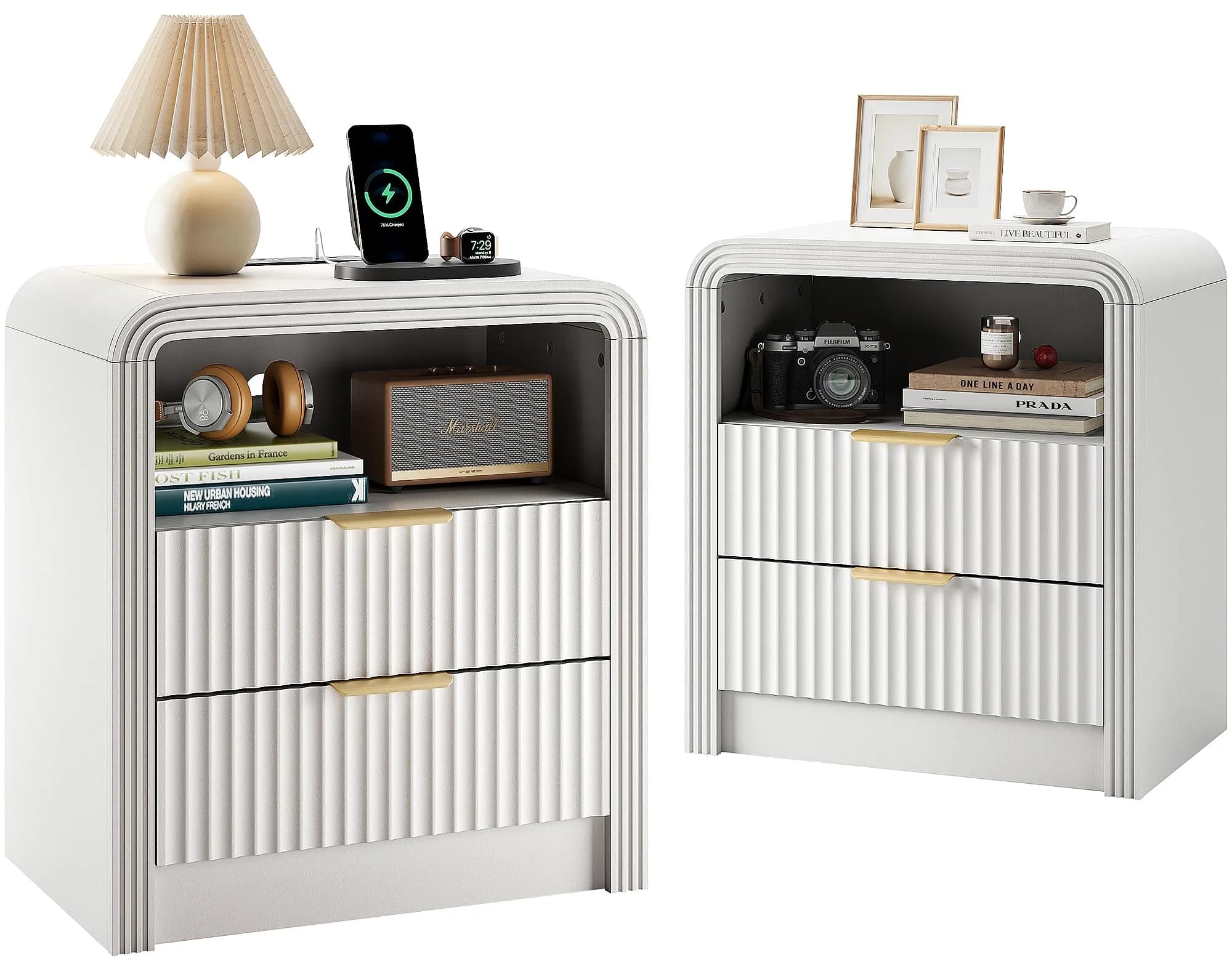 Decofy Fluted Nightstand with Charging Station, 2 Drawers, Walnut | Modern Bedroom End Table with USB & Type-C Ports — White