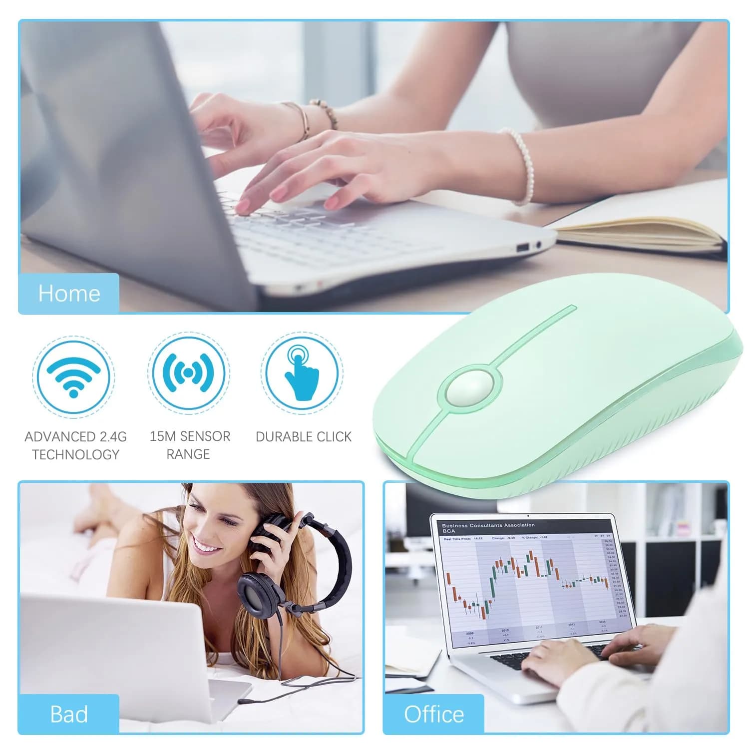 VssoPlor Wireless Mouse, 2.4G Slim Portable Computer Laptop Mouse with Nano Receiver, Light Green | Quiet Silent Optical Mice for Notebook, PC, Laptop, Computer - view 5