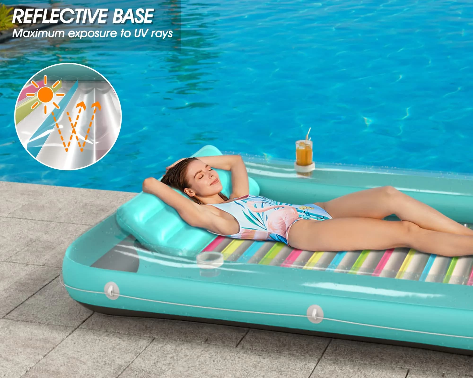 Jasonwell Inflatable Tanning Pool Lounger Float XXL | Comfortable Sunbathing Pool Raft with Cup Holders - view 3