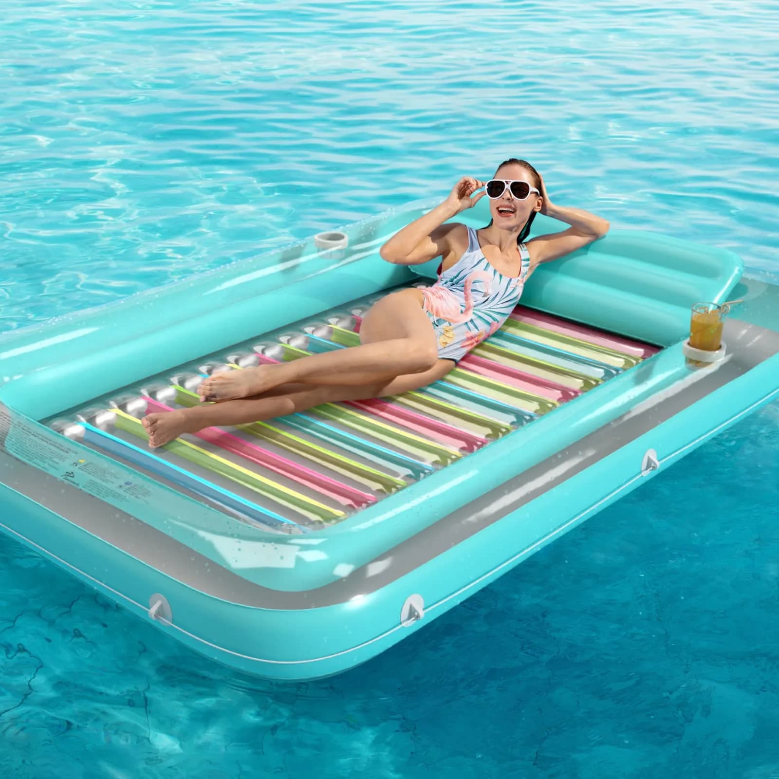 Jasonwell Inflatable Tanning Pool Lounger Float XXL | Comfortable Sunbathing Pool Raft with Cup Holders - view 7