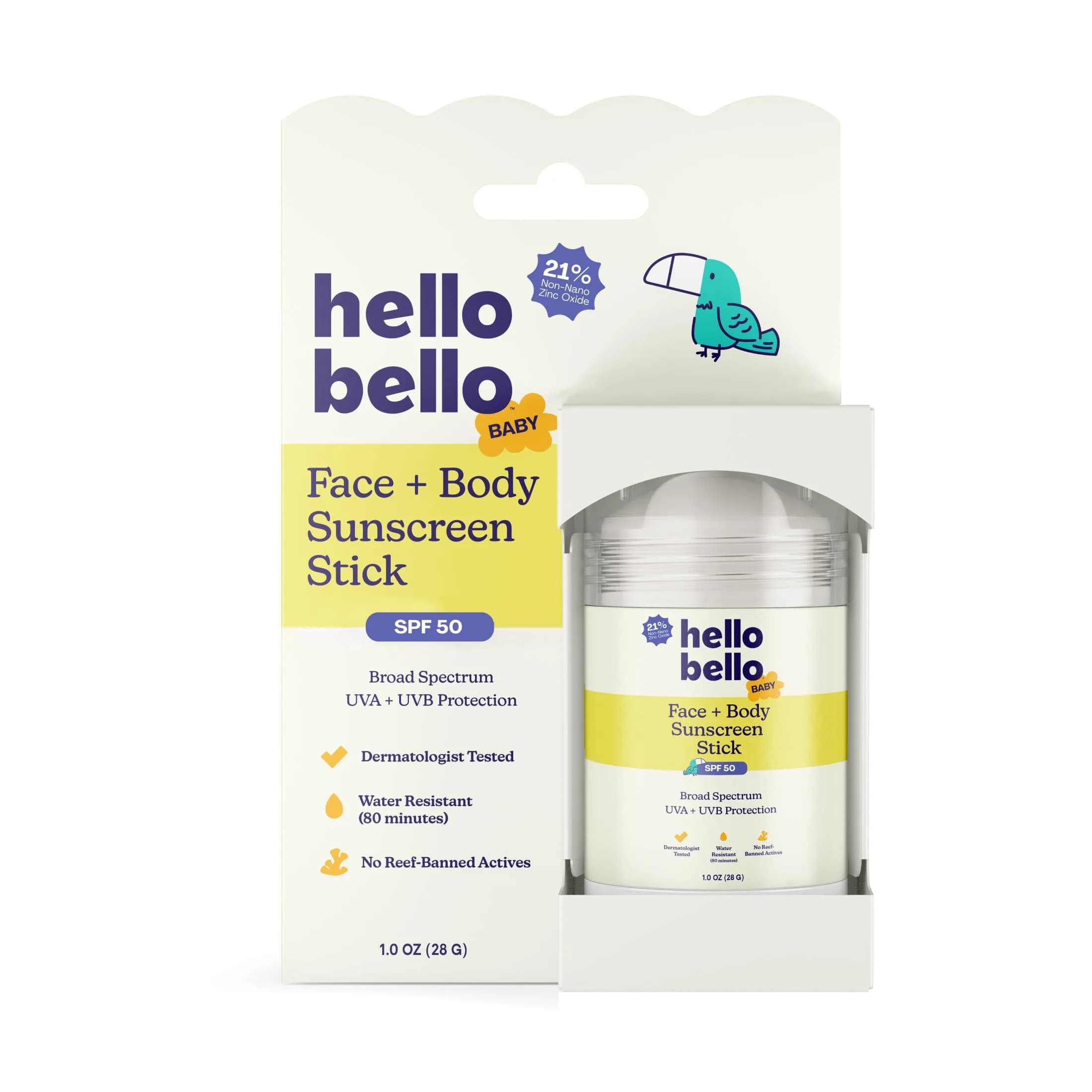 Hello Bello Mineral SPF 50 Face & Body Sunscreen Stick, 1oz | Reef Friendly Roll On Sun Protection — Baby Mineral Sunscreen Stick - 50 SPF