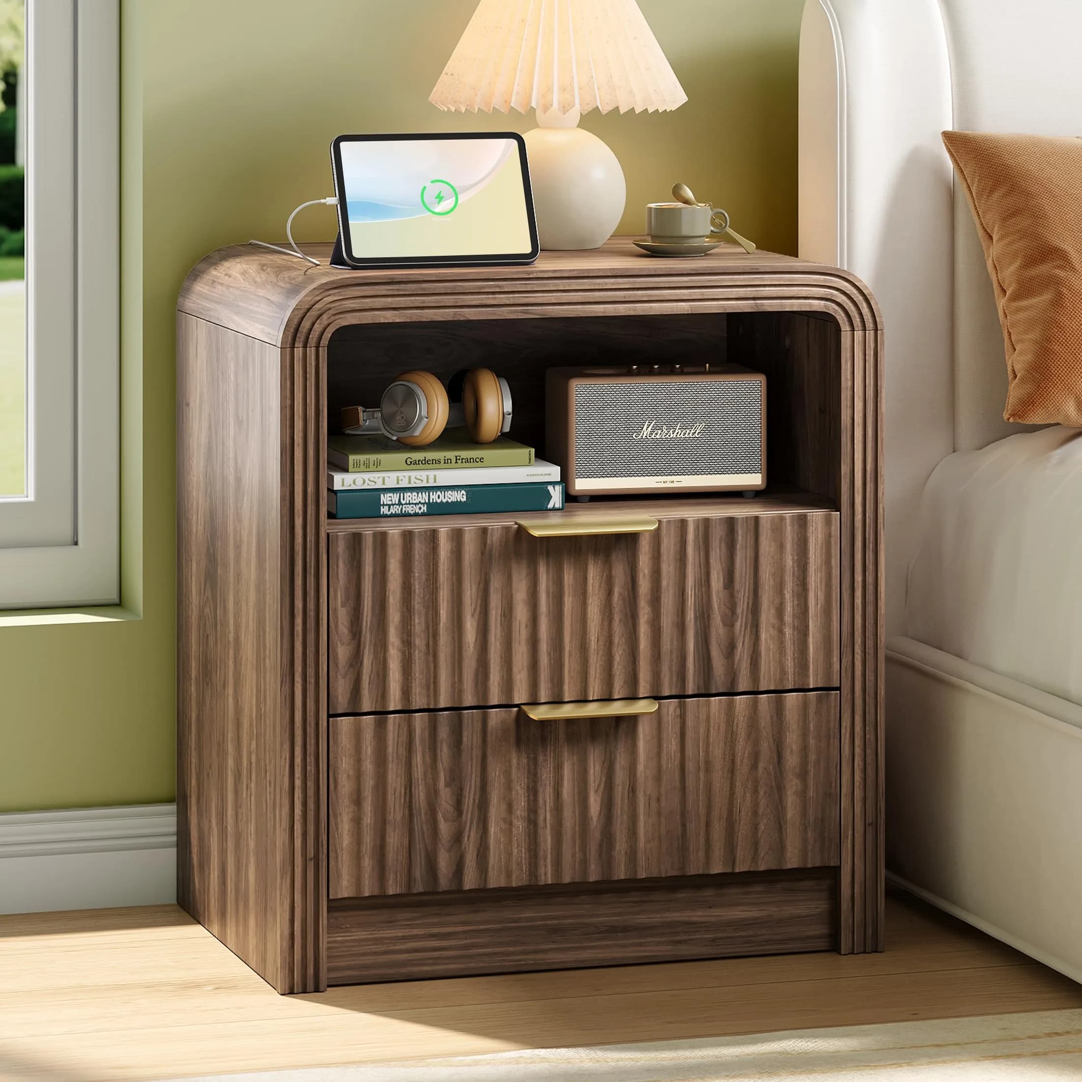 Decofy Fluted Nightstand with Charging Station, 2 Drawers, Walnut | Modern Bedroom End Table with USB & Type-C Ports