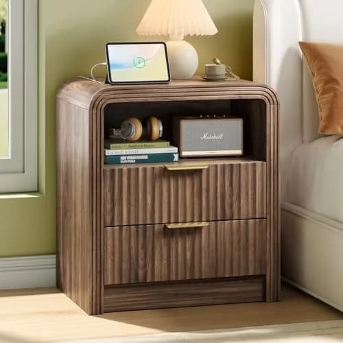 Decofy Fluted Nightstand with Charging Station, 2 Drawers, Walnut | Modern Bedroom End Table with USB & Type-C Ports thumbnail 1