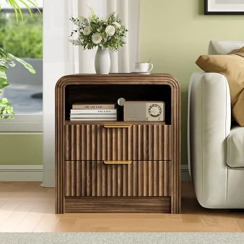 Decofy Fluted Nightstand with Charging Station, 2 Drawers, Walnut | Modern Bedroom End Table with USB & Type-C Ports thumbnail 4