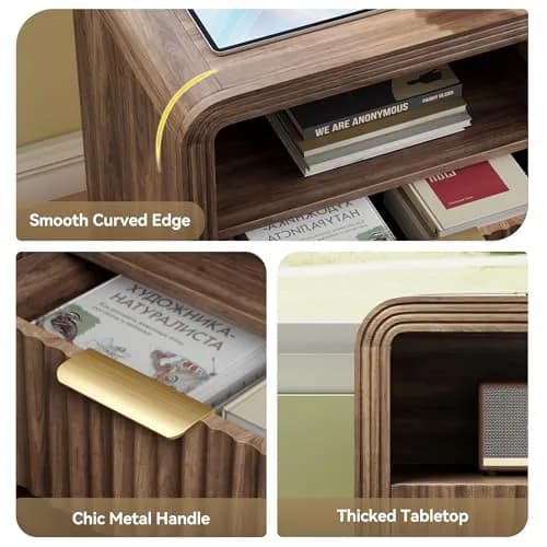 Decofy Fluted Nightstand with Charging Station, 2 Drawers, Walnut | Modern Bedroom End Table with USB & Type-C Ports thumbnail 5