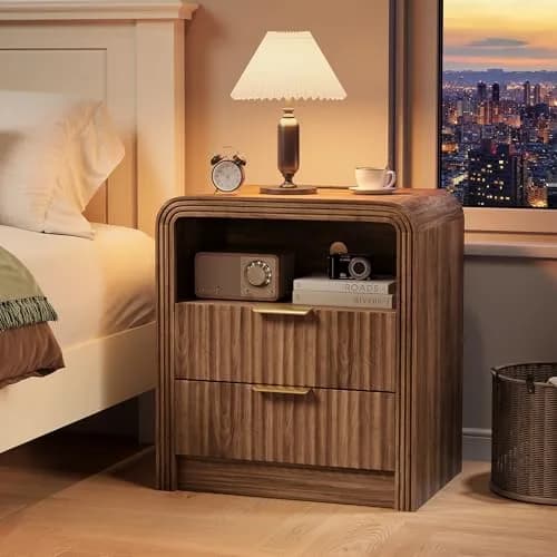 Decofy Fluted Nightstand with Charging Station, 2 Drawers, Walnut | Modern Bedroom End Table with USB & Type-C Ports thumbnail 6