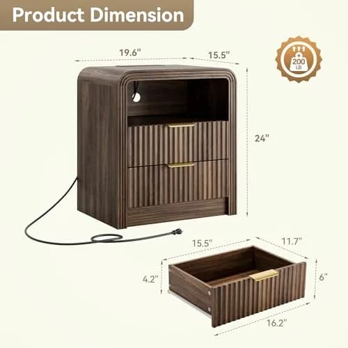 Decofy Fluted Nightstand with Charging Station, 2 Drawers, Walnut | Modern Bedroom End Table with USB & Type-C Ports thumbnail 7