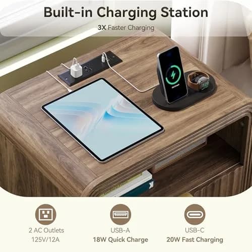 Decofy Fluted Nightstand with Charging Station, 2 Drawers, Walnut | Modern Bedroom End Table with USB & Type-C Ports thumbnail 2