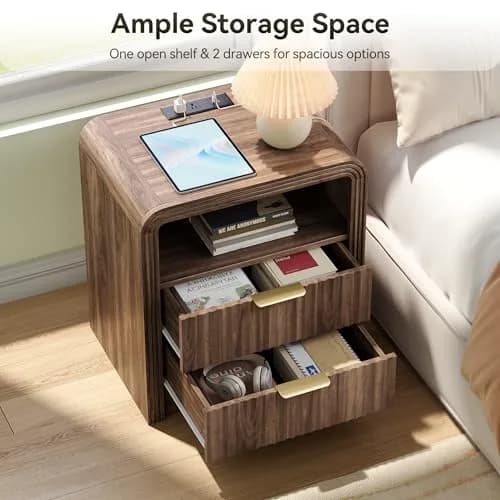 Decofy Fluted Nightstand with Charging Station, 2 Drawers, Walnut | Modern Bedroom End Table with USB & Type-C Ports thumbnail 3