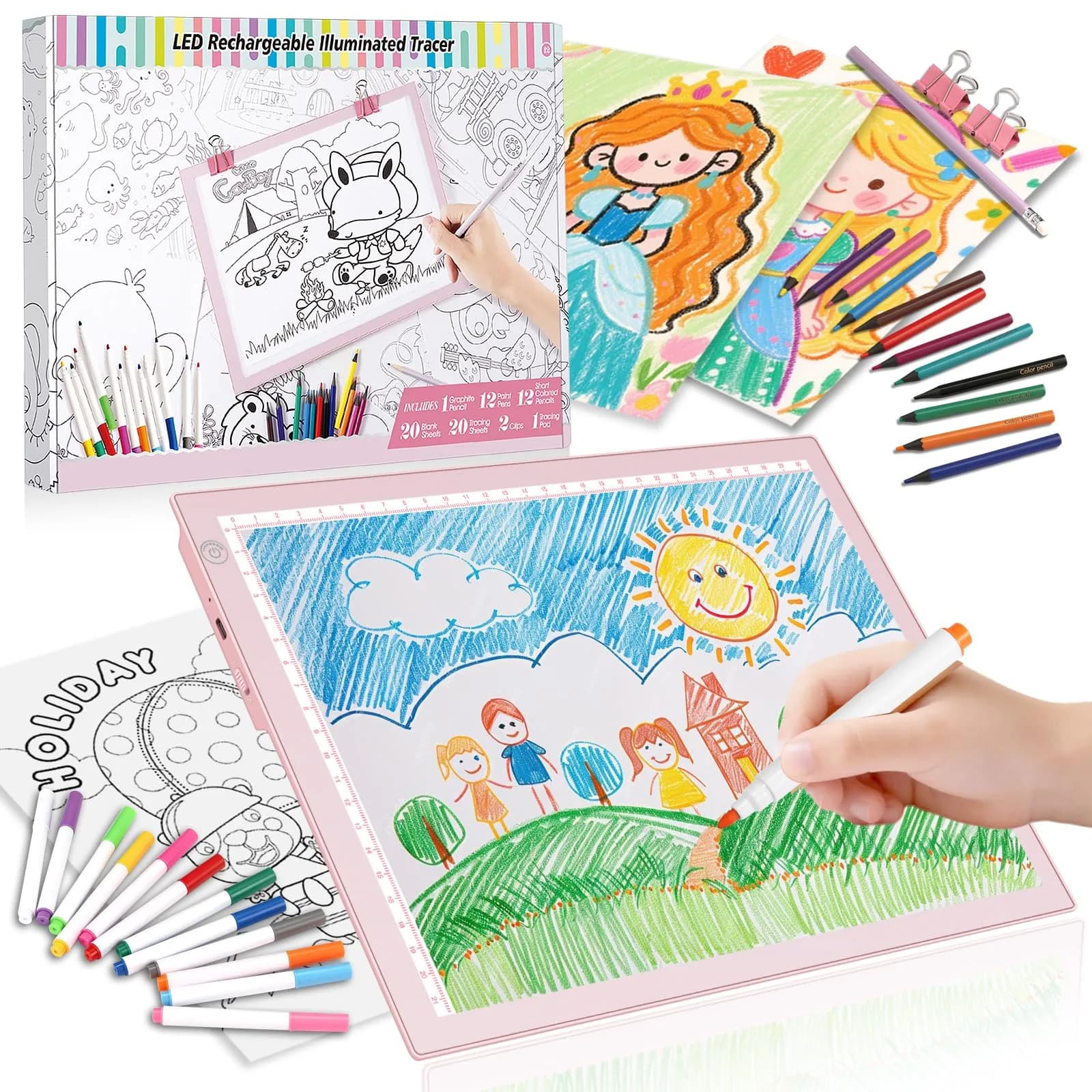 ME456 A4 LED Light Box 36 cm (14") Light Pad with USB Power | Flicker-Free Tracing Table for Artists — 15" Kit Pink (Rechargeable)