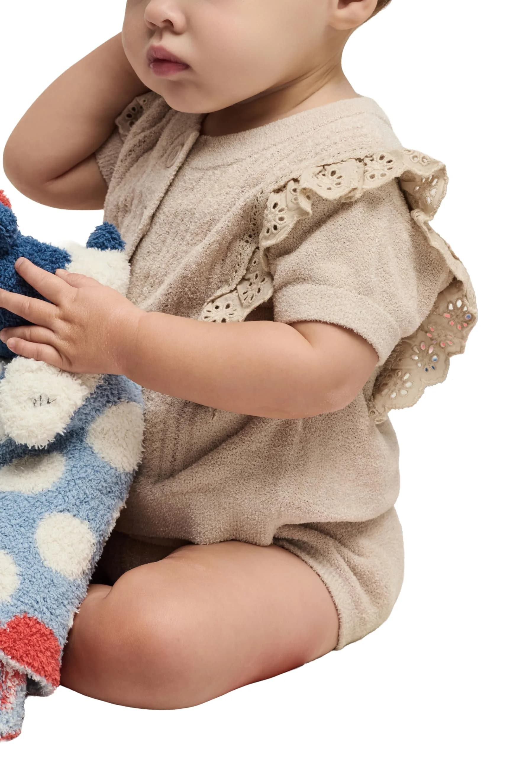 Barefoot Dreams CozyChic Ultra Lite Baby Set with Cotton Eyelet Ruffle, Stone, 12-18 Months | Timeless Comfort & Style thumbnail 2