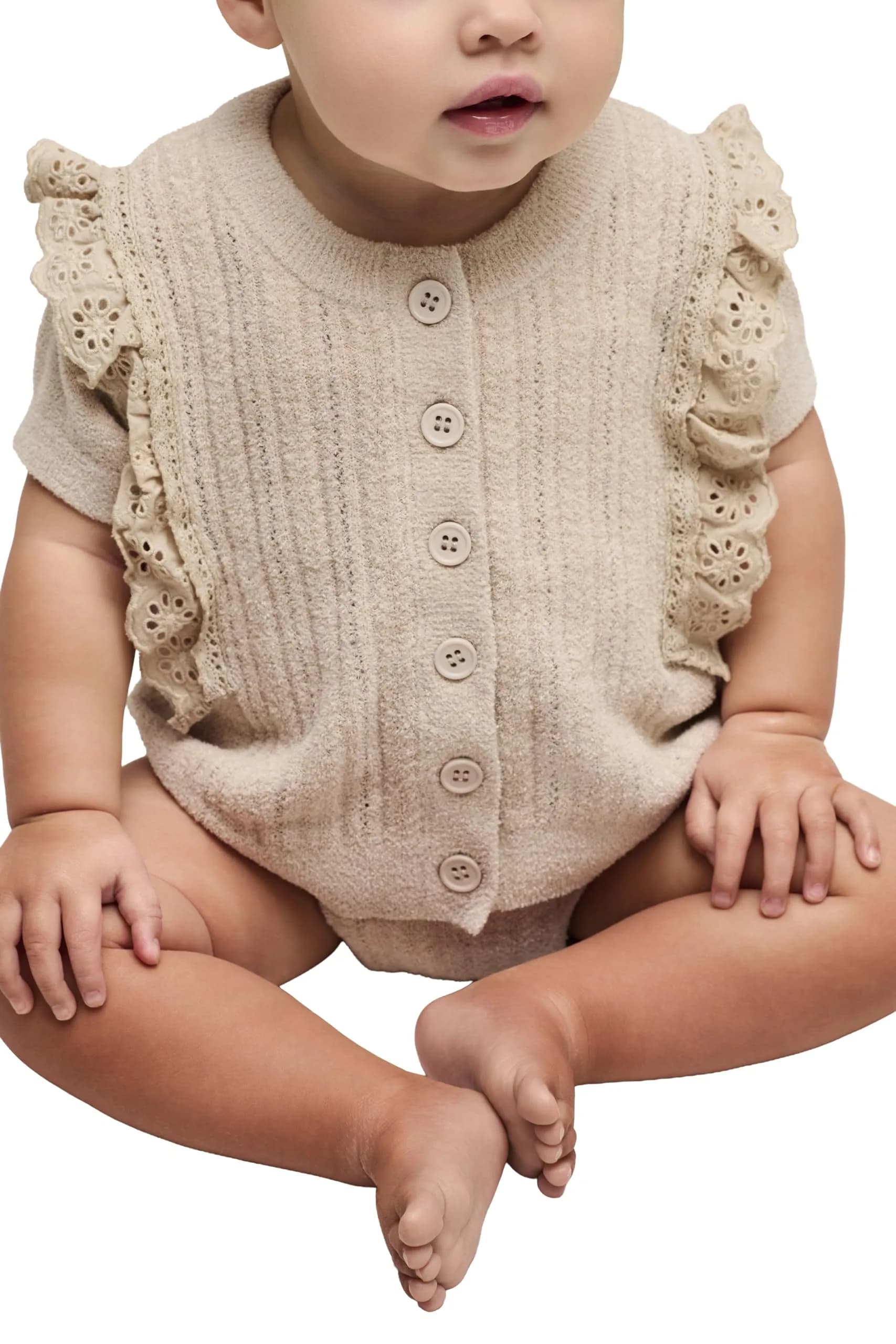 Barefoot Dreams CozyChic Ultra Lite Baby Set with Cotton Eyelet Ruffle, Dusty Rose, 6-12 Months | Soft, Luxurious Baby Outfit — Stone / 12-18 Months