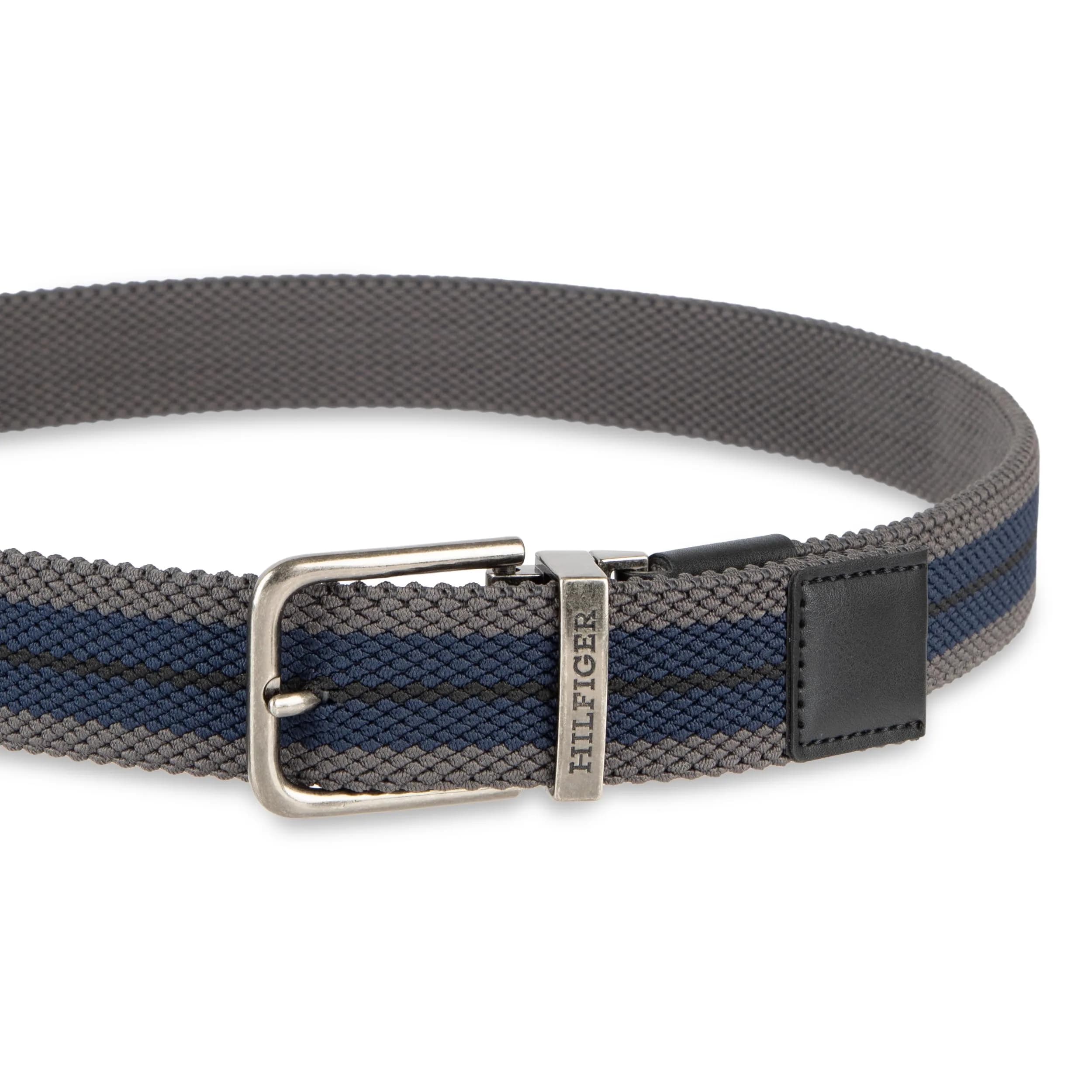 Tommy Hilfiger Men's Reversible Fabric Stretch Belt, Black/Gray/Navy, Small thumbnail 4