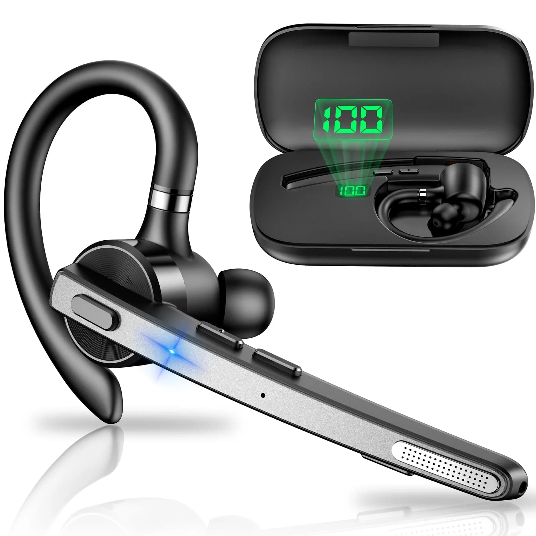New Bee Bluetooth Headset V5.1 72H Talk Dual Mic with Mute Button, Wireless Hand-Free Bluetooth Earpiece with 500mAh Charging Case (Black) - main product image