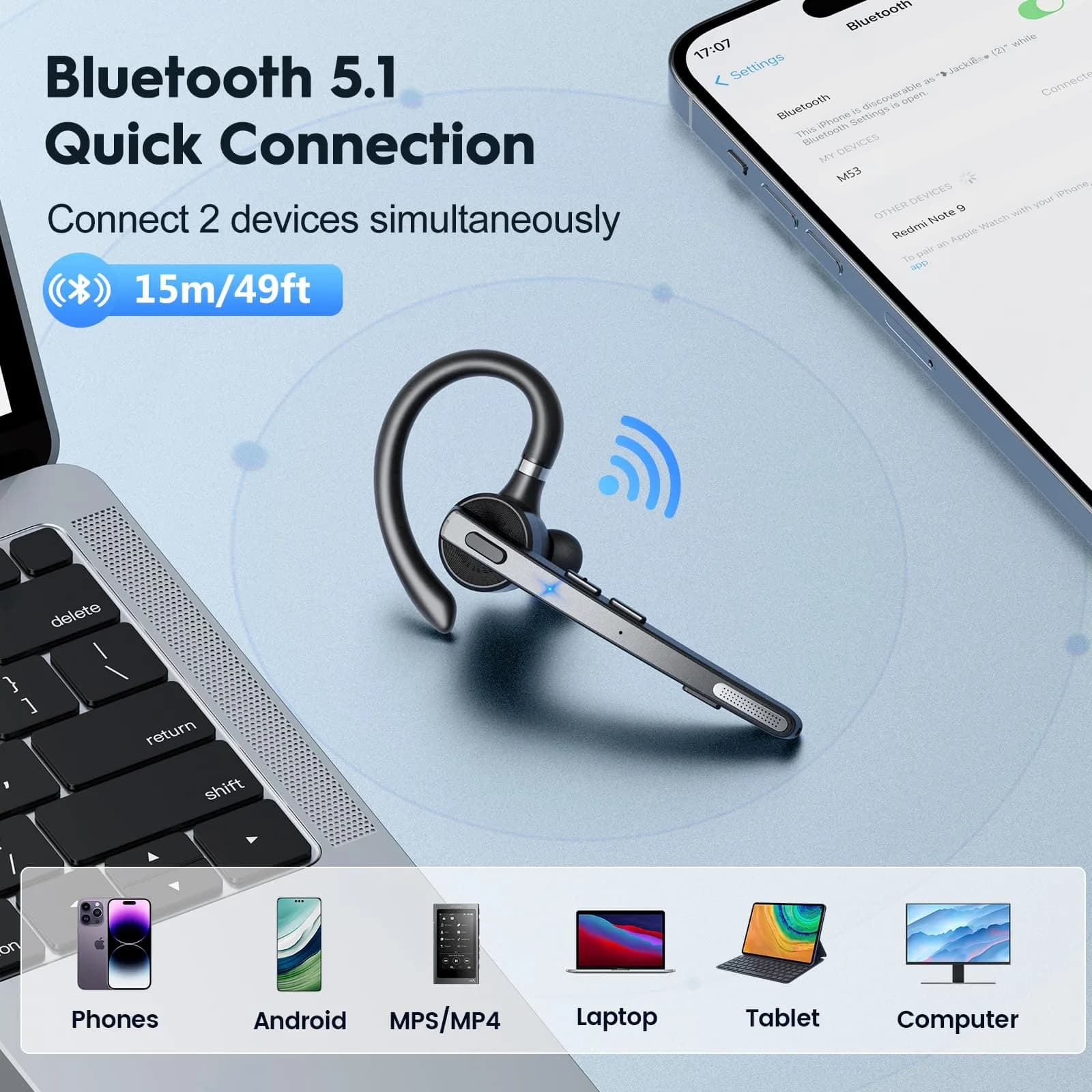 New Bee Bluetooth Headset V5.1 72H Talk Dual Mic with Mute Button, Wireless Hand-Free Bluetooth Earpiece with 500mAh Charging Case (Black) - view 5