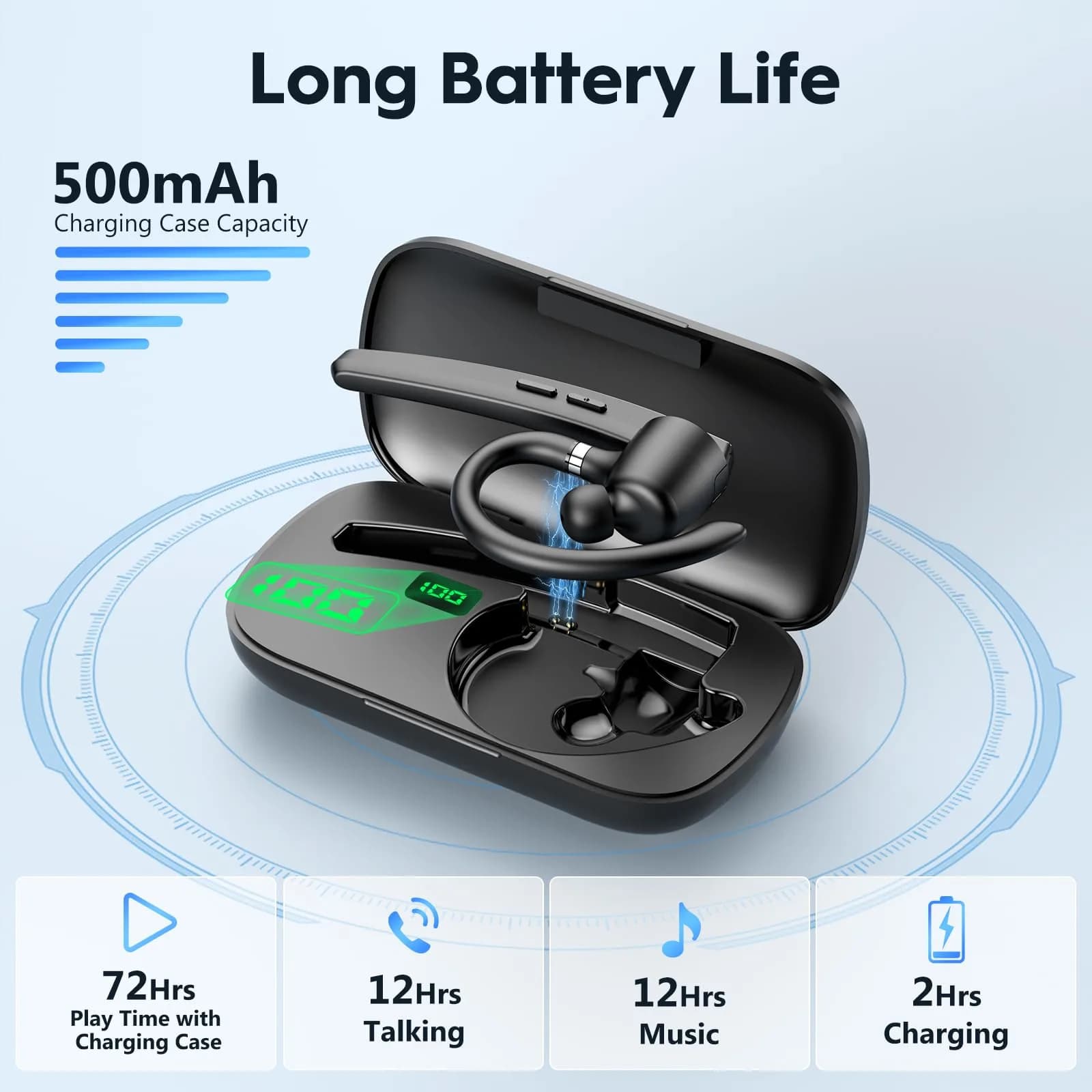 New Bee Bluetooth Headset V5.1 72H Talk Dual Mic with Mute Button, Wireless Hand-Free Bluetooth Earpiece with 500mAh Charging Case (Black) - view 2