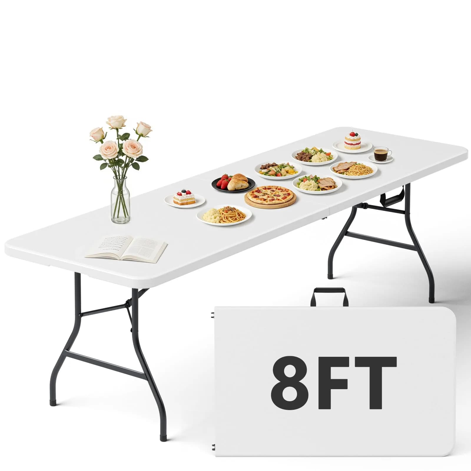 FurniEdge Folding Table 8FT White Heavy Duty Plastic | Portable & Space-Saving (70-120 chars)