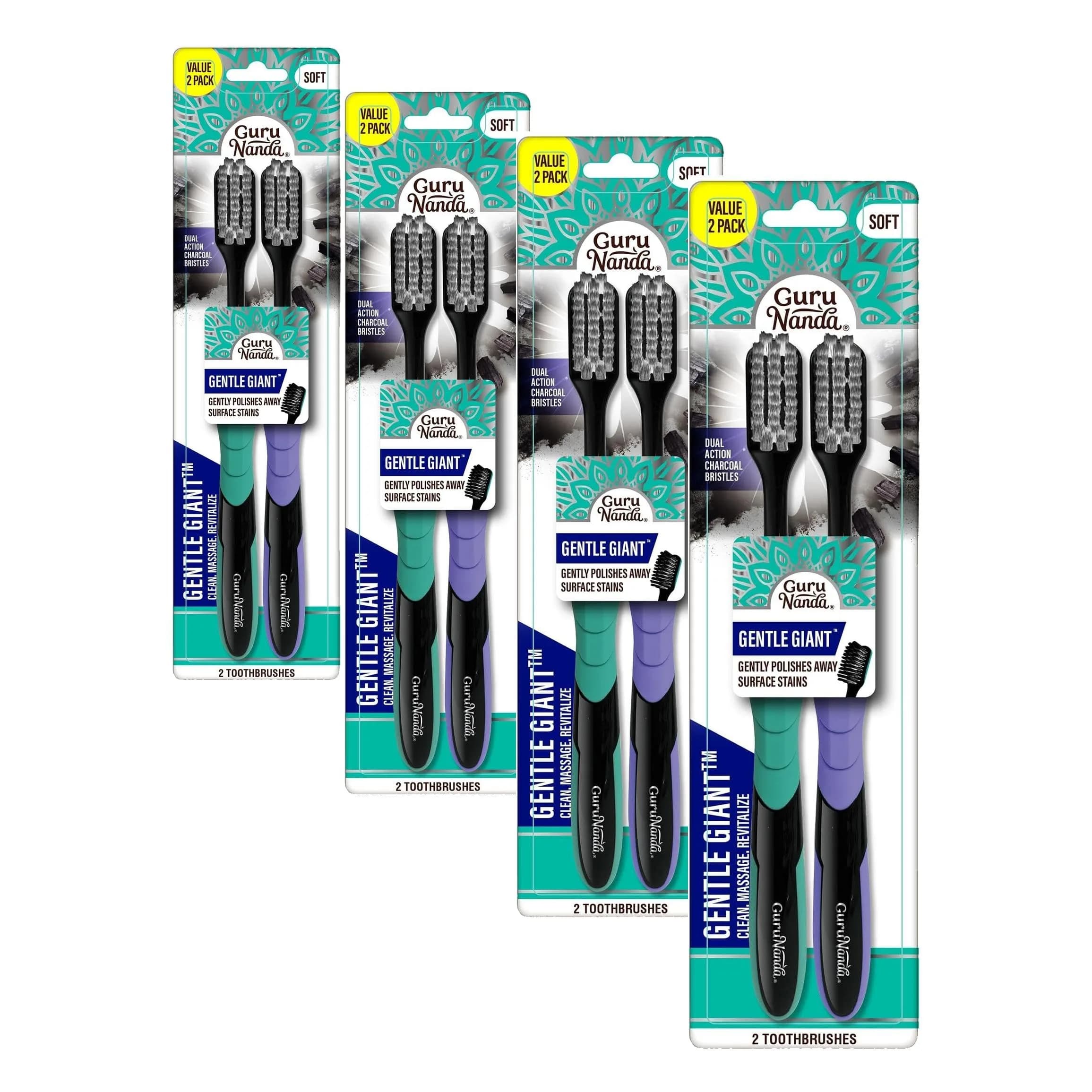GuruNanda Gentle Giant Charcoal Toothbrush 8-Pack | Dual Action Flossing Spiral Bristles — 8-Pack