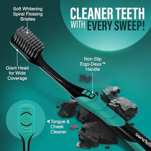 GuruNanda Gentle Giant Charcoal Toothbrush 8-Pack | Dual Action Flossing Spiral Bristles thumbnail 5