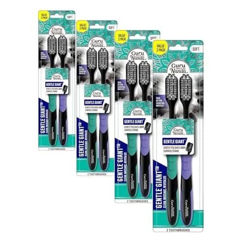 GuruNanda Gentle Giant Charcoal Toothbrush 8-Pack | Dual Action Flossing Spiral Bristles thumbnail 1