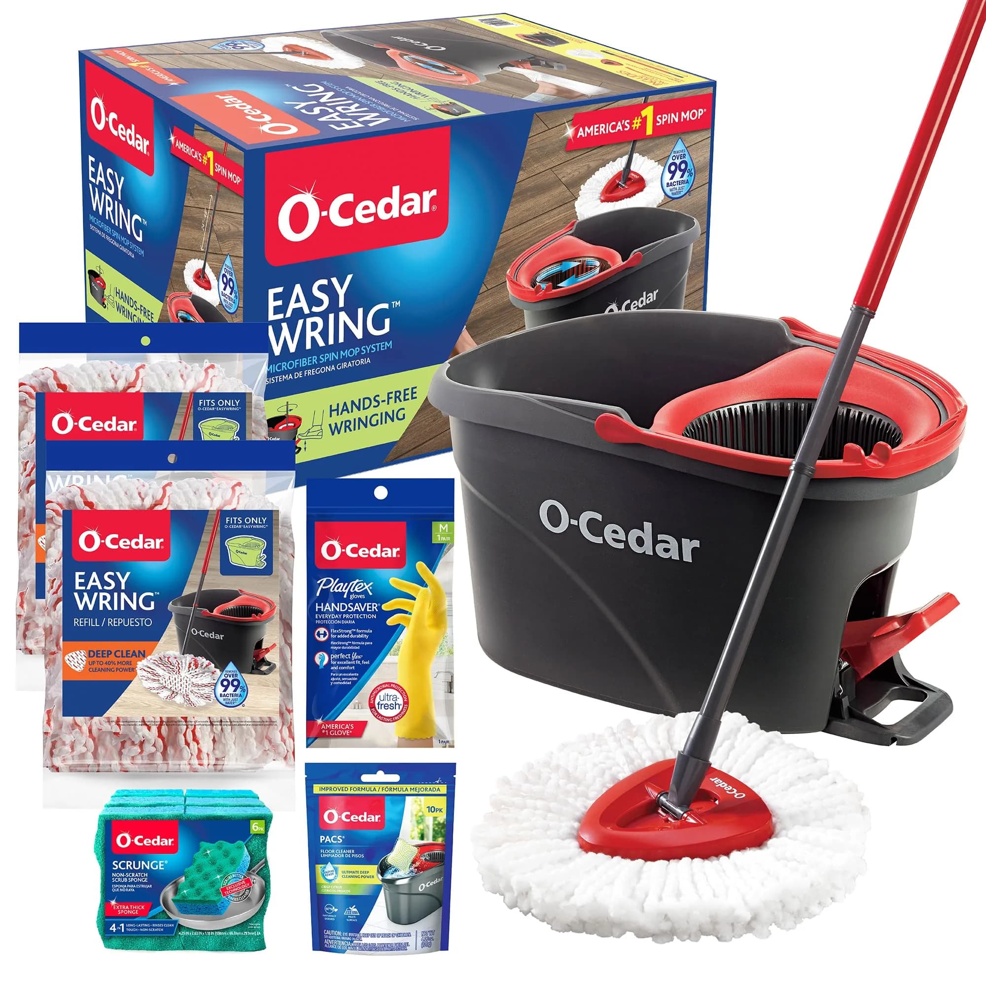 O-Cedar EasyWring Spin Mop System Bundle with 3 Mop Heads, PACS, Gloves & Sponges | 20cm (7.87in) W x 20cm (7.87in) H x 12cm (4.72in) L - main product image