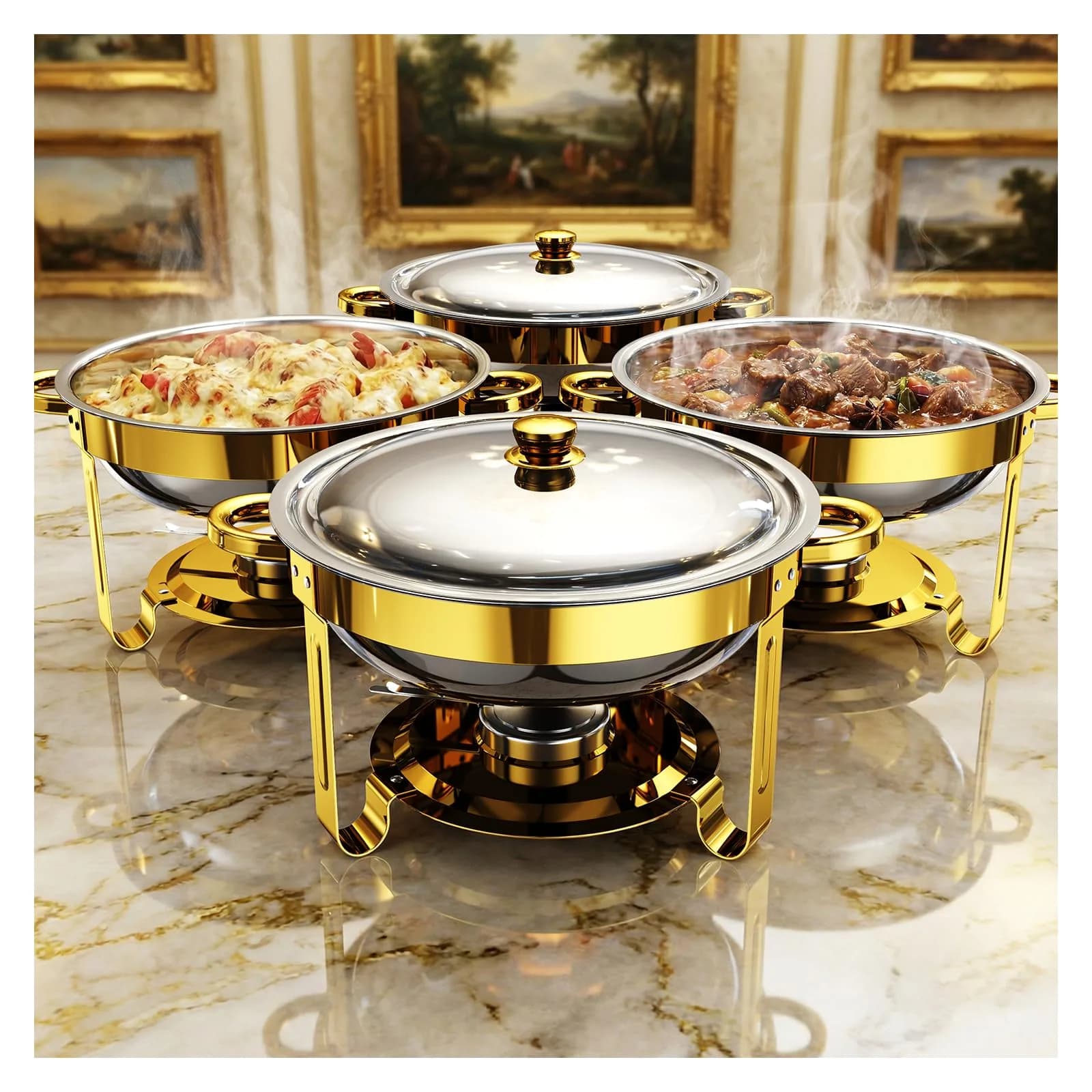 Ublue Chafing Dishes for Buffet 4 Pack | 5QT Round Stainless Steel Food Warmers