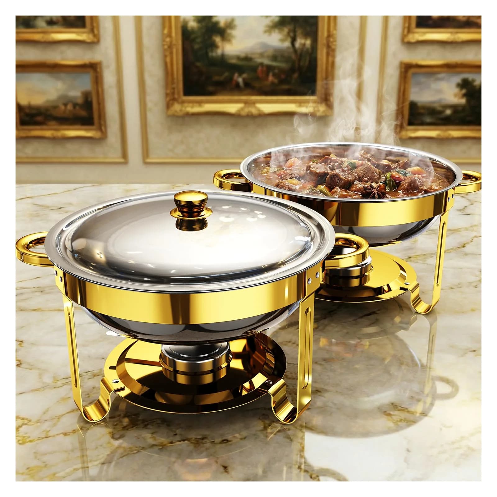 Ublue 5QT Round Stainless Steel Chafing Dishes 2 Pack | Buffet Food Warmers for Events — Golden