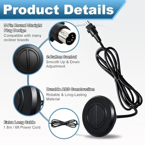 Podoy 2-Button Power Recliner Hand Control 6 ft Cord | Durable, Universal Fit (70-120 chars) thumbnail 3