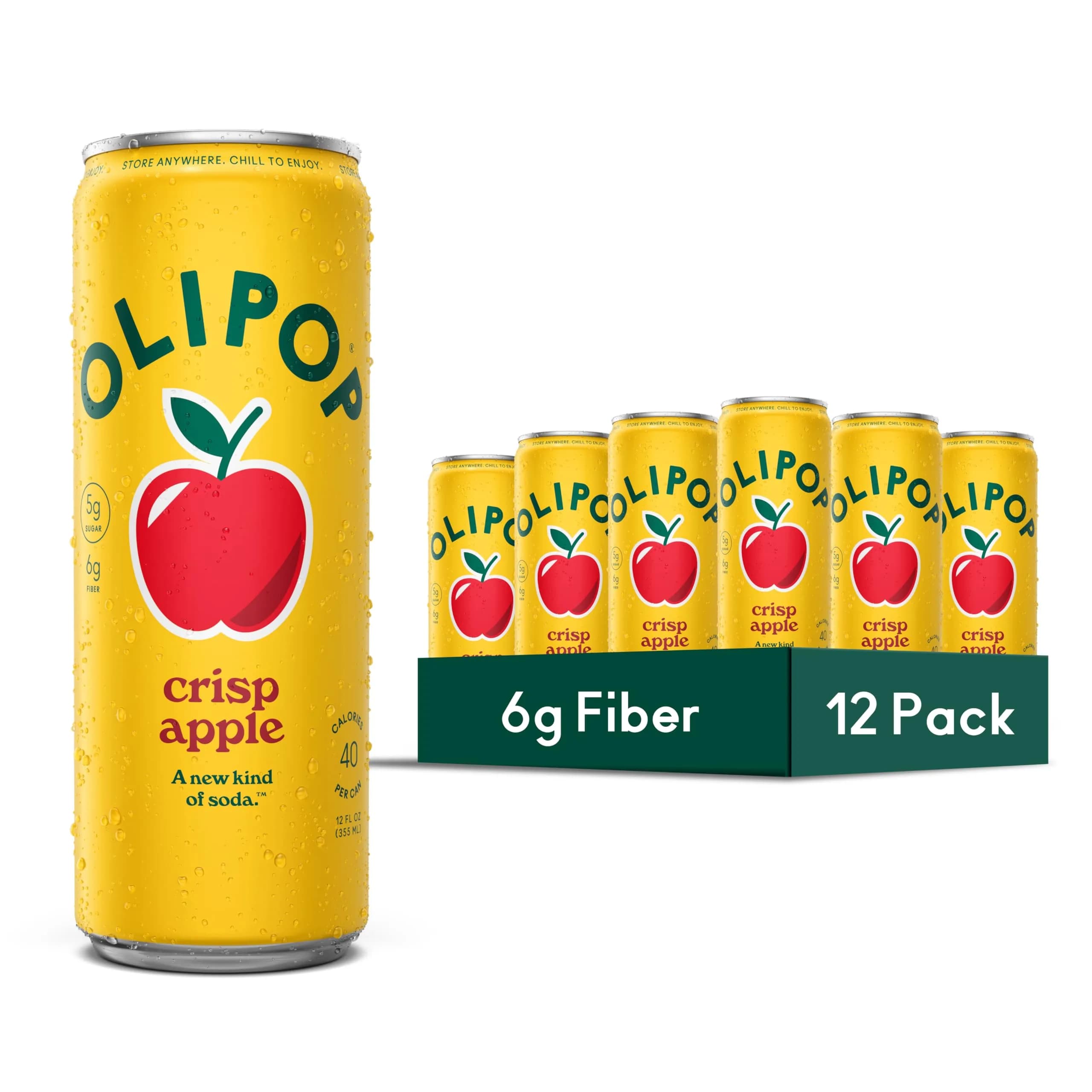 OLIPOP 6g Fiber Prebiotic Soda, Crisp Apple | Gut-Friendly, Refreshing, 12 Fl Oz Can (12 Pack) — Apple