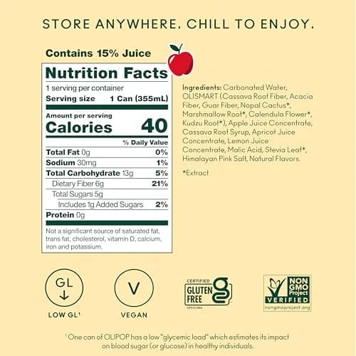 OLIPOP 6g Fiber Prebiotic Soda, Crisp Apple | Gut-Friendly, Refreshing, 12 Fl Oz Can (12 Pack) thumbnail 3