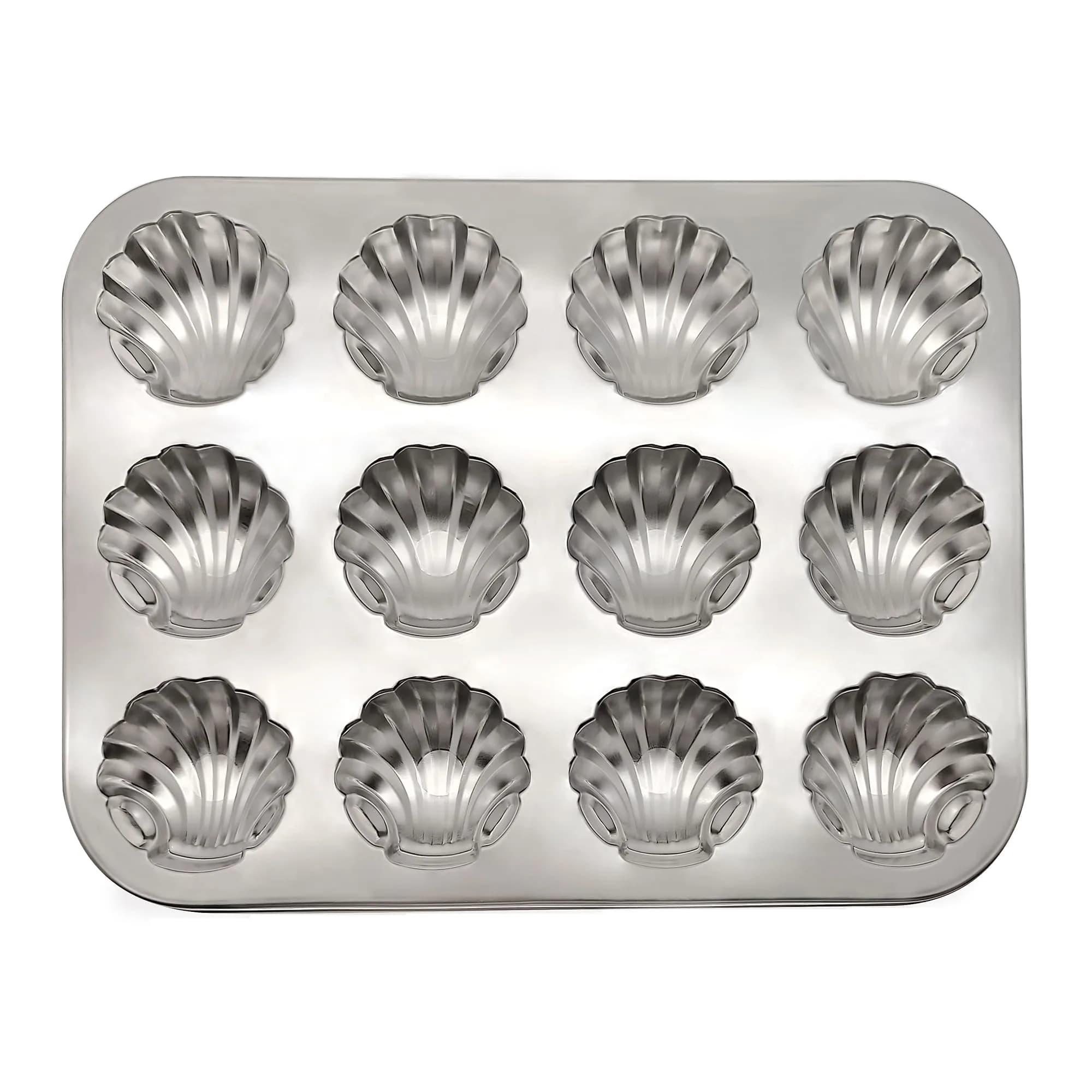 Fox Run Stainless Steel Scallop Shell Madeleine Pan, 12 French Cookie Molds | 34.1 cm x 42.2 cm x 10.5 cm — Stainless Steel