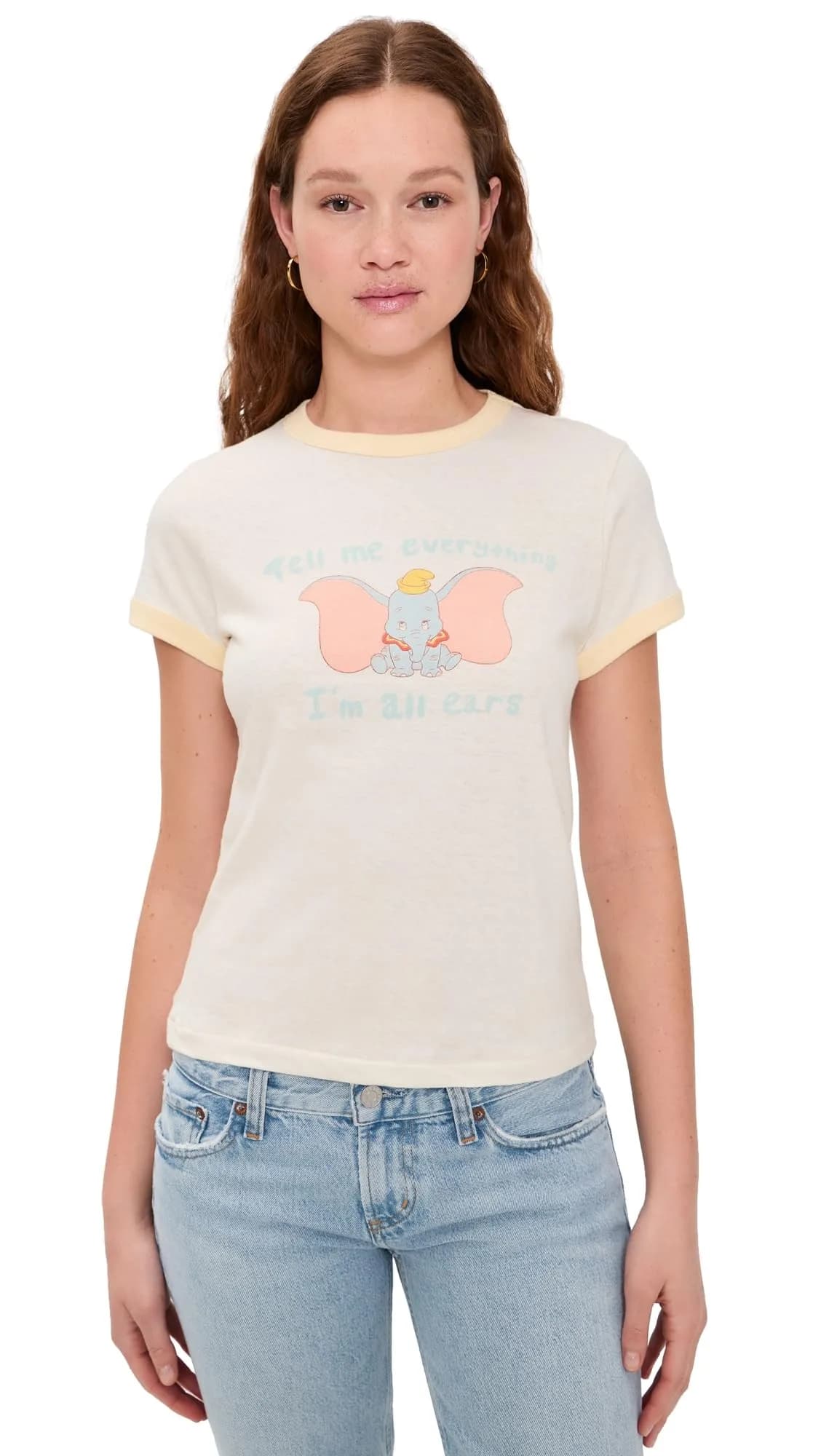 RE/DONE Womens 60s Slim Ringer TEE Dumbo, Vintage White W/SHORTBREAD, X-Large | Crew Neck, Graphic, Regular Fit
