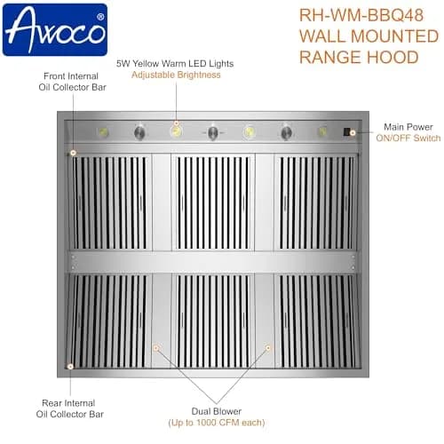 Awoco 48"W 17"H Outdoor BBQ Vent Hood with 36"H Chimney Cover | 2000CFM, 4 Speeds, Stainless Steel thumbnail 4