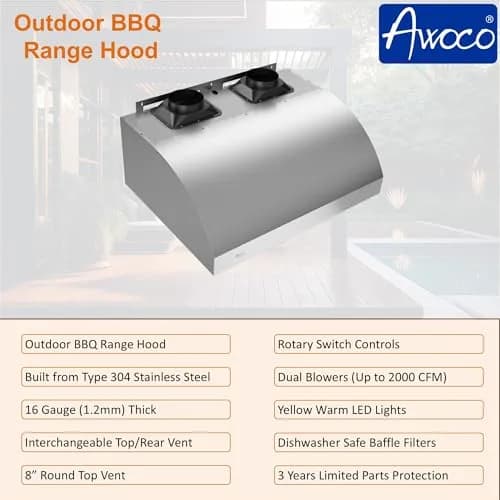 Awoco 48"W 17"H Outdoor BBQ Vent Hood with 36"H Chimney Cover | 2000CFM, 4 Speeds, Stainless Steel thumbnail 6