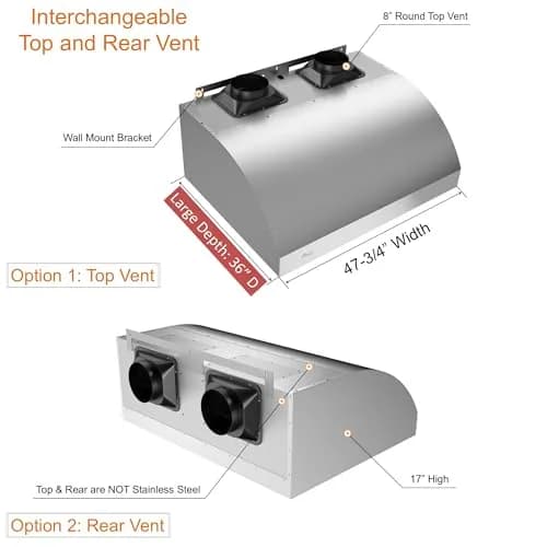 Awoco 48"W 17"H Outdoor BBQ Vent Hood with 36"H Chimney Cover | 2000CFM, 4 Speeds, Stainless Steel thumbnail 7