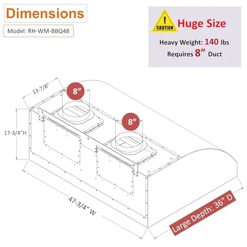 Awoco 48"W 17"H Outdoor BBQ Vent Hood with 36"H Chimney Cover | 2000CFM, 4 Speeds, Stainless Steel thumbnail 8