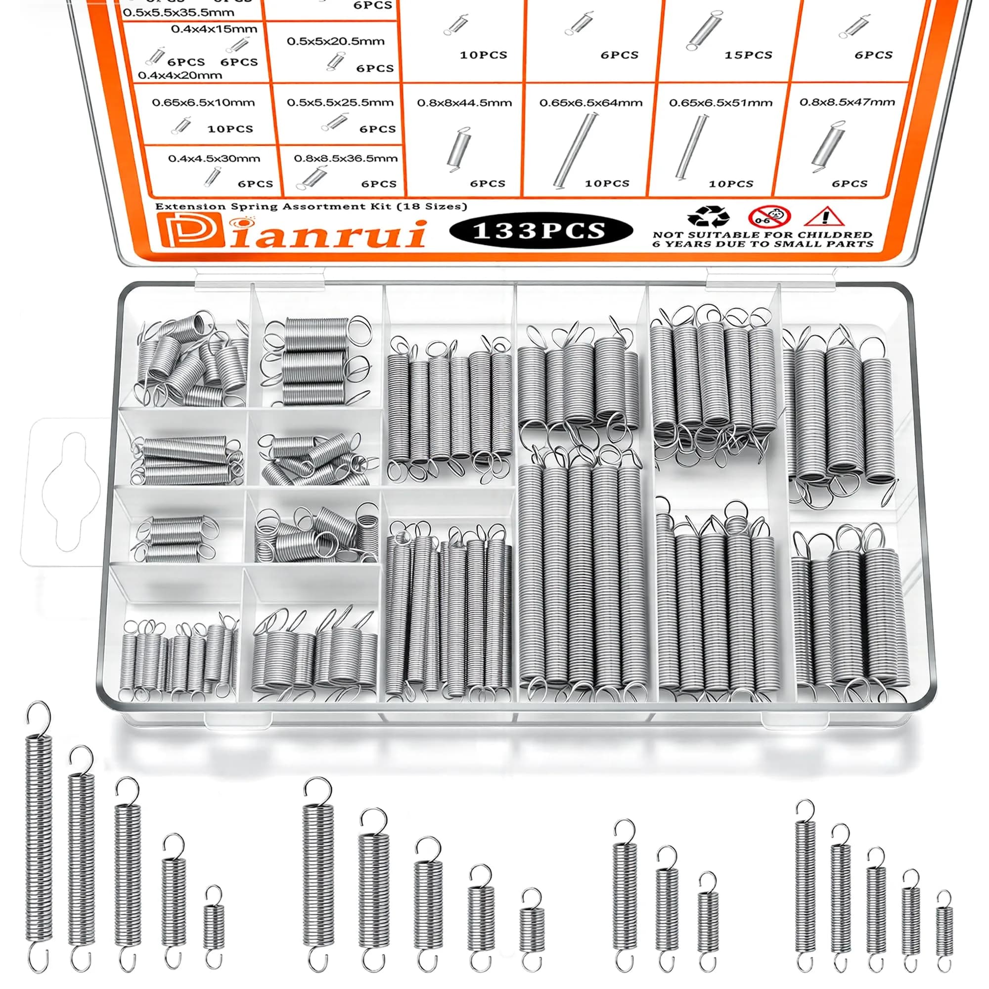 Dianrui 133-Piece Extension Spring Assortment Kit with Storage Box | 18 Sizes, Zinc Plated Steel