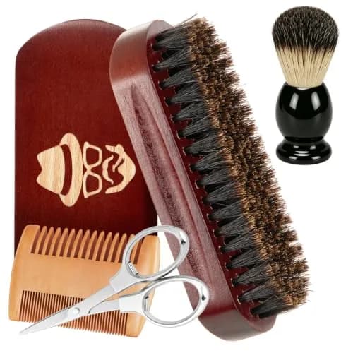 Sosoon Beard Brush, Shaving Brush, Beard Comb, Beard Scissors Set | 100% Boar Bristle Walnut Wood Grooming Kit thumbnail 1