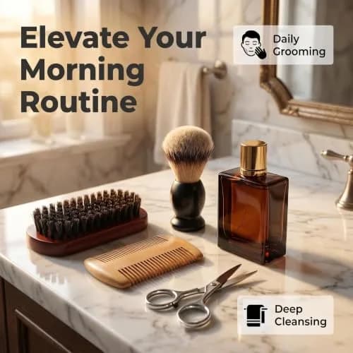 Sosoon Beard Brush, Shaving Brush, Beard Comb, Beard Scissors Set | 100% Boar Bristle Walnut Wood Grooming Kit thumbnail 2