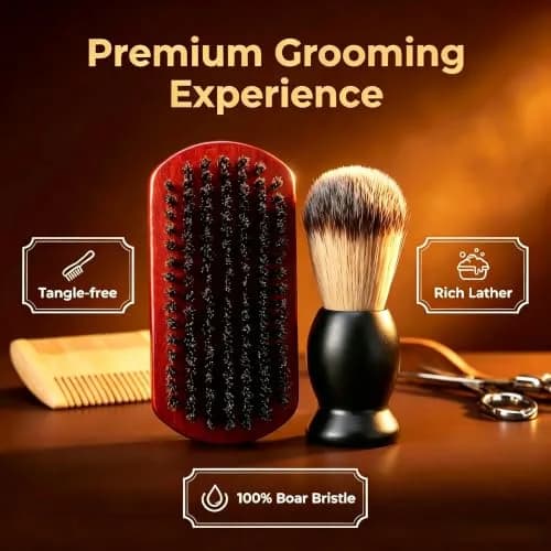 Sosoon Beard Brush, Shaving Brush, Beard Comb, Beard Scissors Set | 100% Boar Bristle Walnut Wood Grooming Kit thumbnail 3