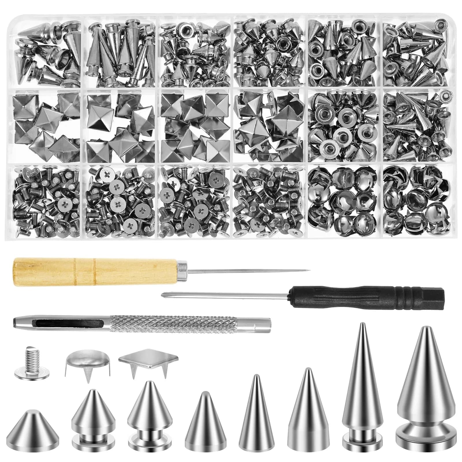 OWTWCNL Punk Spikes and Studs Kit 455Pcs | Metal Leathercraft Rivets for Jackets, Shoes, Wallets — silver