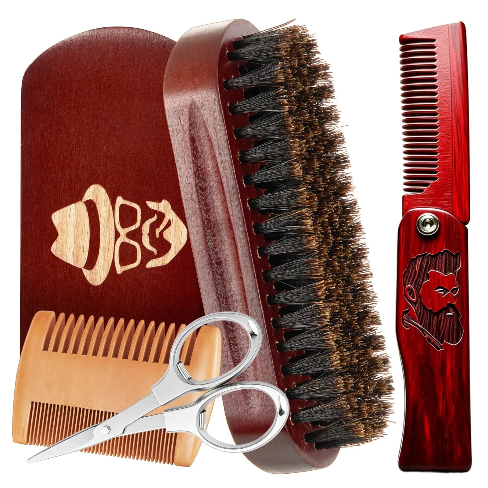 Sosoon Beard Brush Set for Men with 100% Boar Bristle Walnut Wood Brush, Foldable Comb & Scissors — Beard Comb & Brush&Foldable Brush&Scissors
