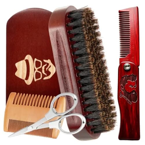 Sosoon Beard Brush Set for Men with 100% Boar Bristle Walnut Wood Brush, Foldable Comb & Scissors thumbnail 1