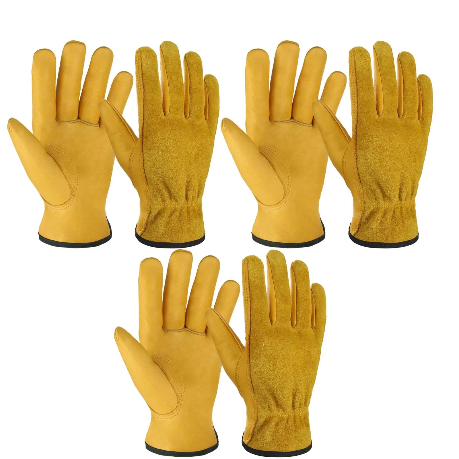 OZERO Cowhide Leather Work Gloves, 3 Pairs, Gold, L | EN388 Level 4 Tear Resistance - main product image