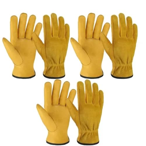 OZERO Cowhide Leather Work Gloves, 3 Pairs, Gold, L | EN388 Level 4 Tear Resistance thumbnail 1