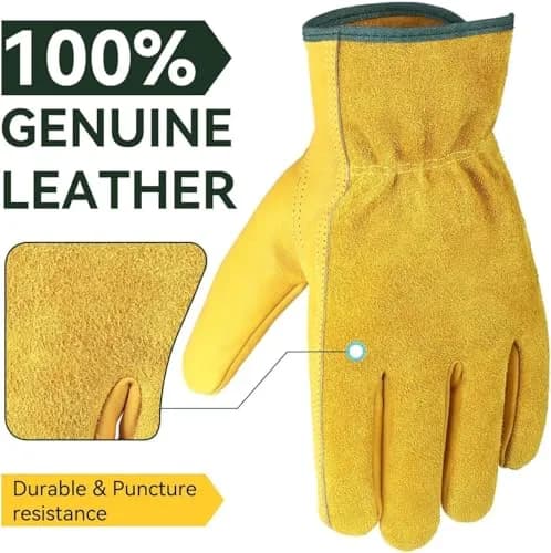 OZERO Cowhide Leather Work Gloves, 3 Pairs, Gold, L | EN388 Level 4 Tear Resistance thumbnail 2