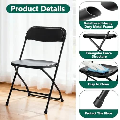 FurniEdge 4 Pack Black Plastic Folding Chairs | Outdoor Portable Steel Frame, 350lbs Support, Stackable for Patio & Events thumbnail 5